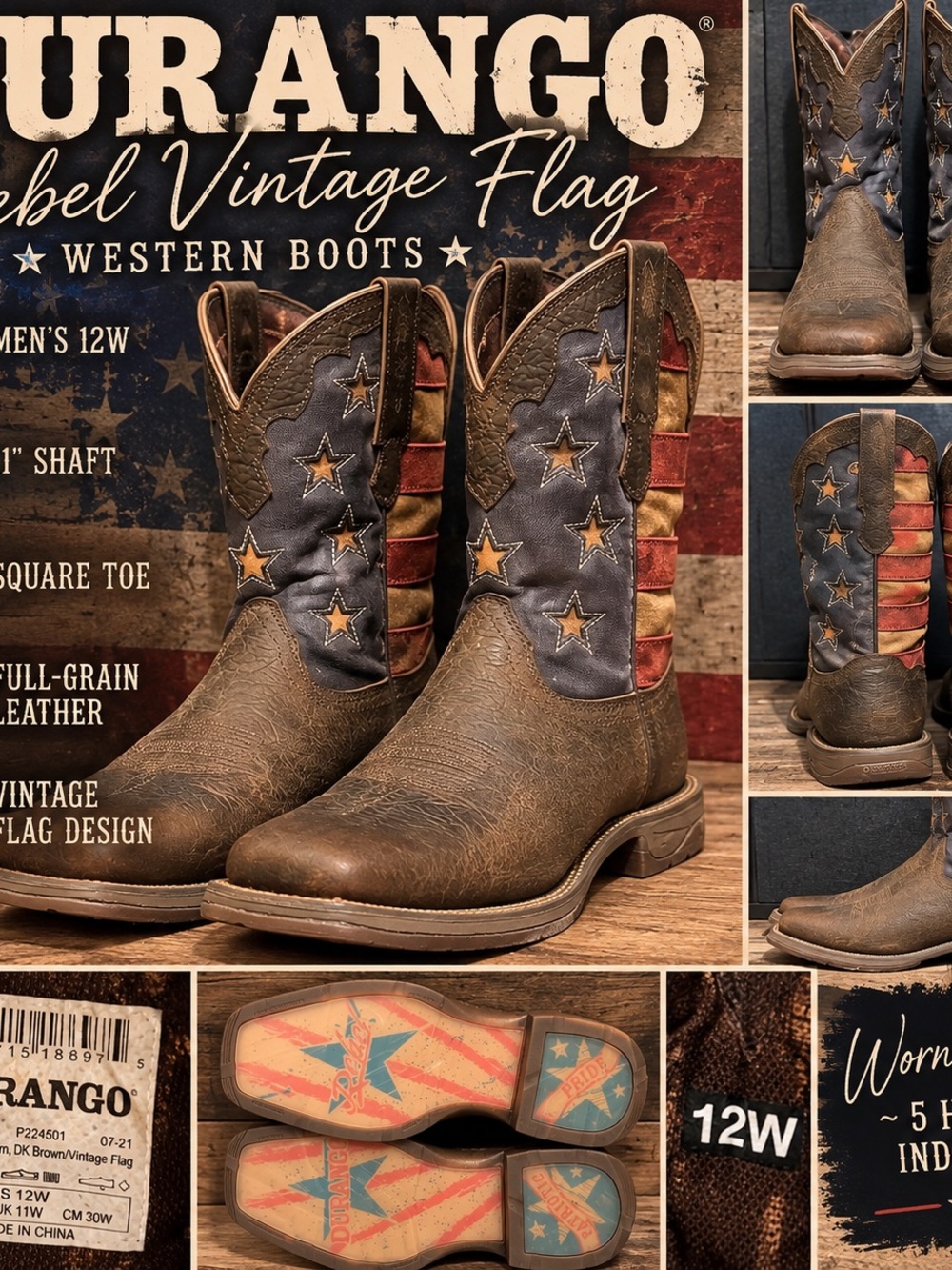 Durango Rebel Vintage Flag Men’s Cowboy Boots 12W Brown Leather